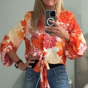 Joie Long Sleeve Orange & White floral tie@waist button down- NWOT- size small